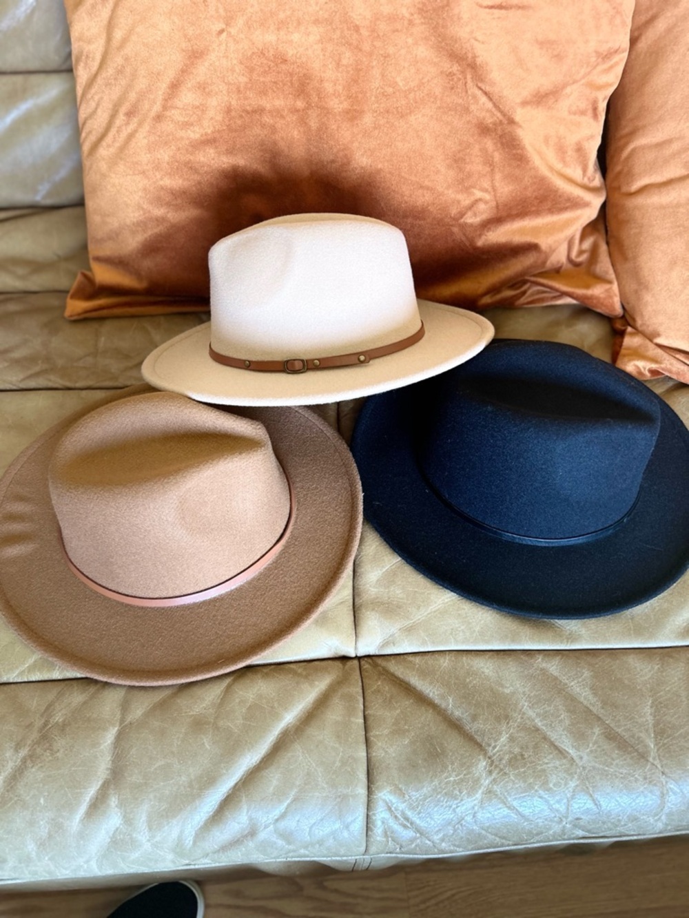 Trio of Classic Wide-Brim Fedora Hats - Cream, Tan, Black M / L